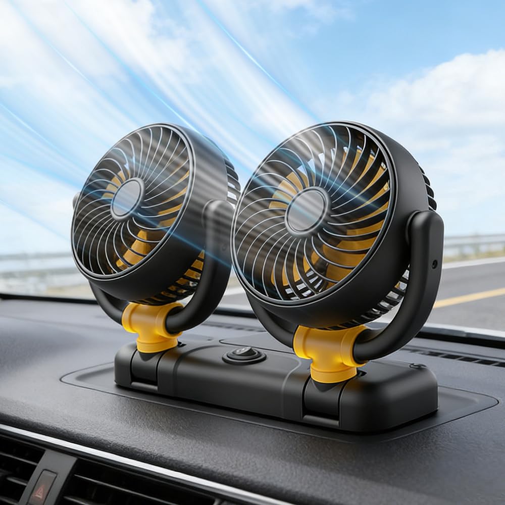 Mineup Ventilatore Auto 12V, Ventilatore Auto Doppia Testa, Ventilator 360° Ruotabile Portatile Con 2 Velocità, Alimentate Tramite Accendisigari, Per Cruscotto Aut Furgone SUV RV Barca