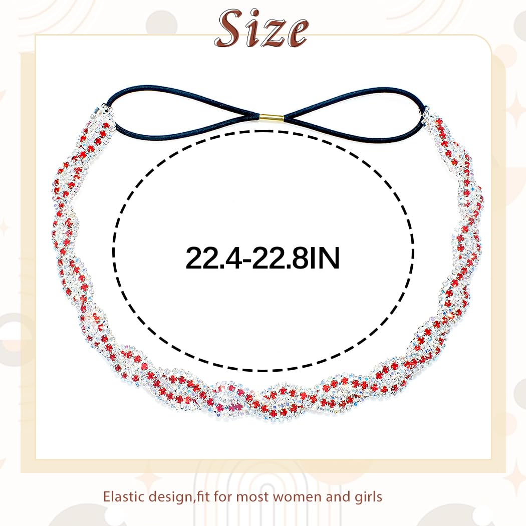 Women's Rhinestone Headbands Sparkly Elestic Hairband Vintage Metal Headbands Sparkly Elegant Party Daily Head Chain (Red-Silver, M) - Image 3