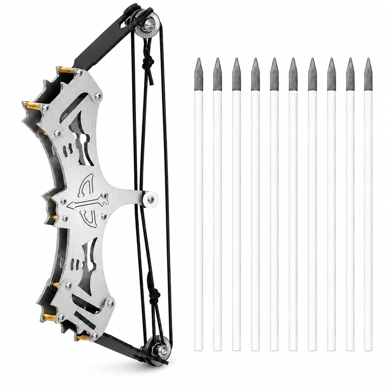 6.85 in Mini Compound Bow Set for Adult Target Practice, Stainless Steel Riser, Ambidextrous Design, Includes 10 Plastic-Shaft Arrows with Steel Points (silver, 6.85in)