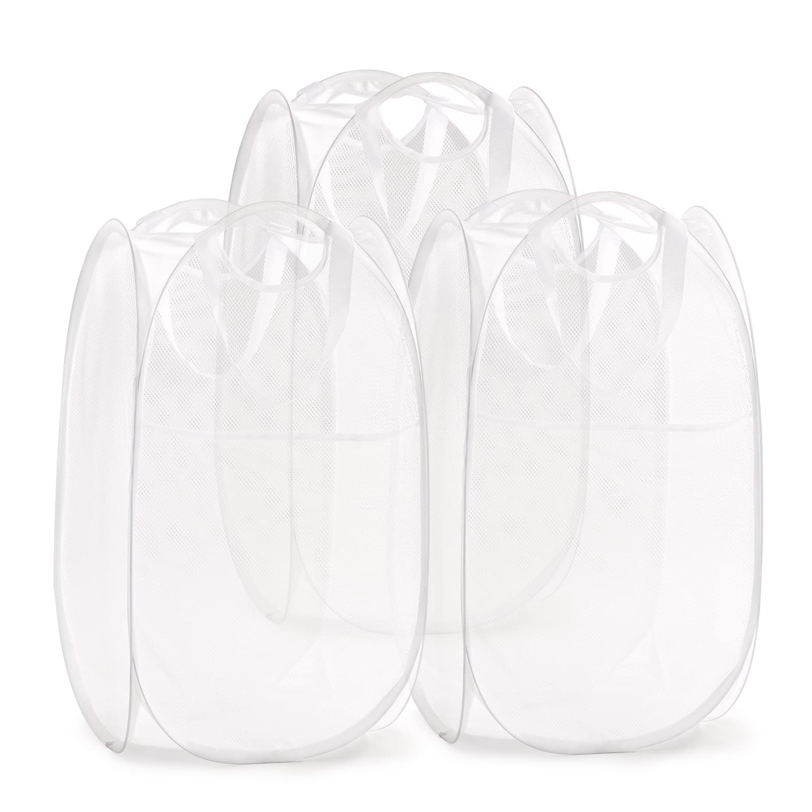 TECHMILLY Collapsible Mesh Pop Up Laundry Hamper with Sturdy Handles and Side Pocket - Portable Foldable Clothes Baskets for Dorm, Bathroom &amp; Travel Storage (White, 3 Packs)