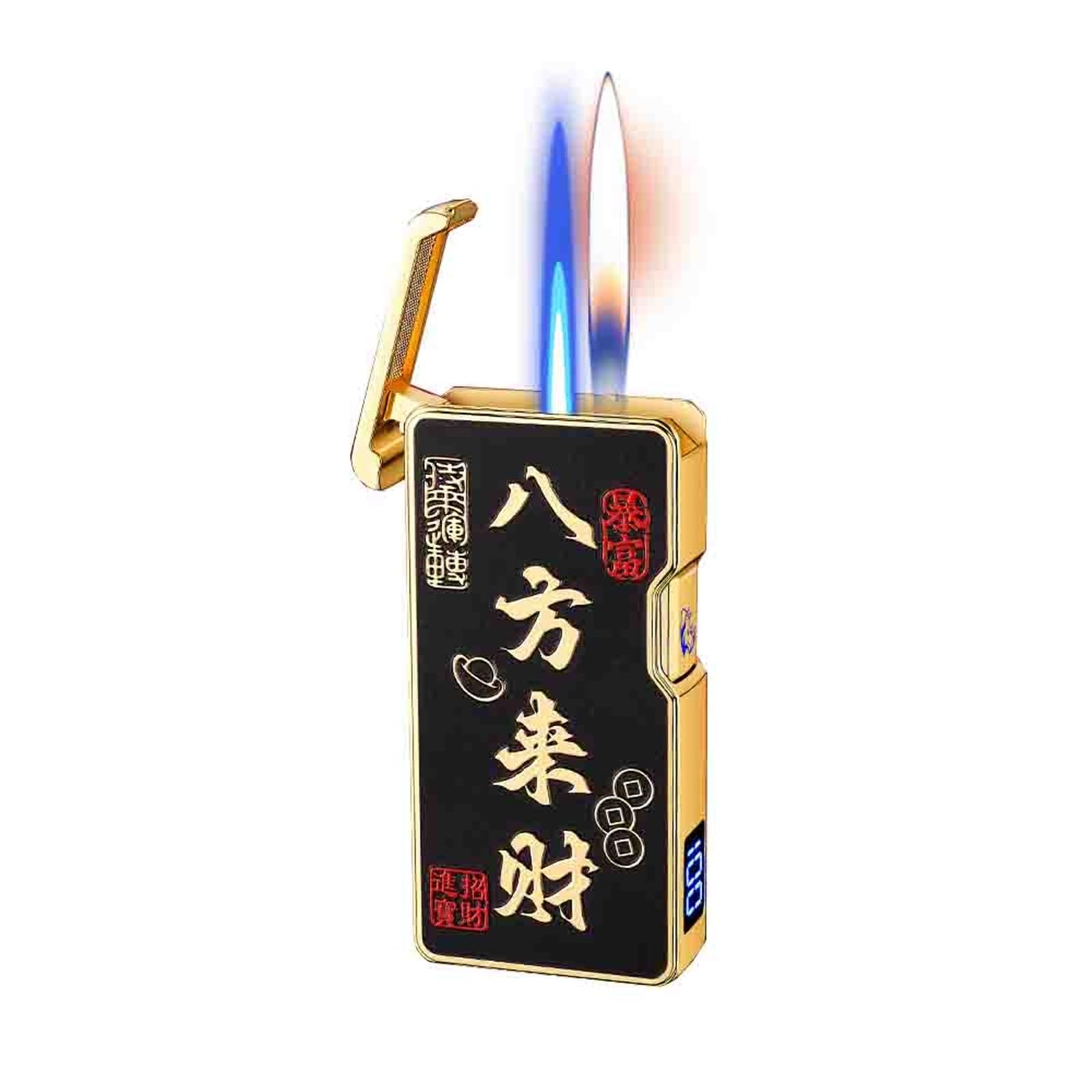 Encendedor de butano, llama doble, diseño de metal portátil, tamaño de llama ajustable, recargable con gas butano, ideal para uso en exteriores, camping y barbacoa