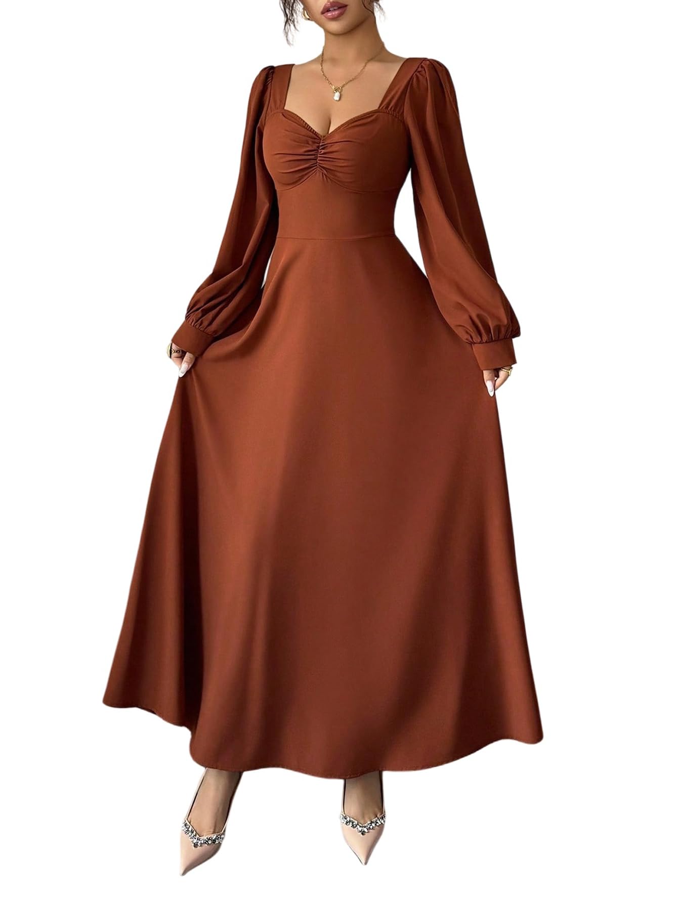 SweatyRocks Winterkleider Damen Lang Maxikleid Langarm Abendkleider Elegant Hochzeitsgast Kleid A Linie Frühlingskleid Blusenkleid