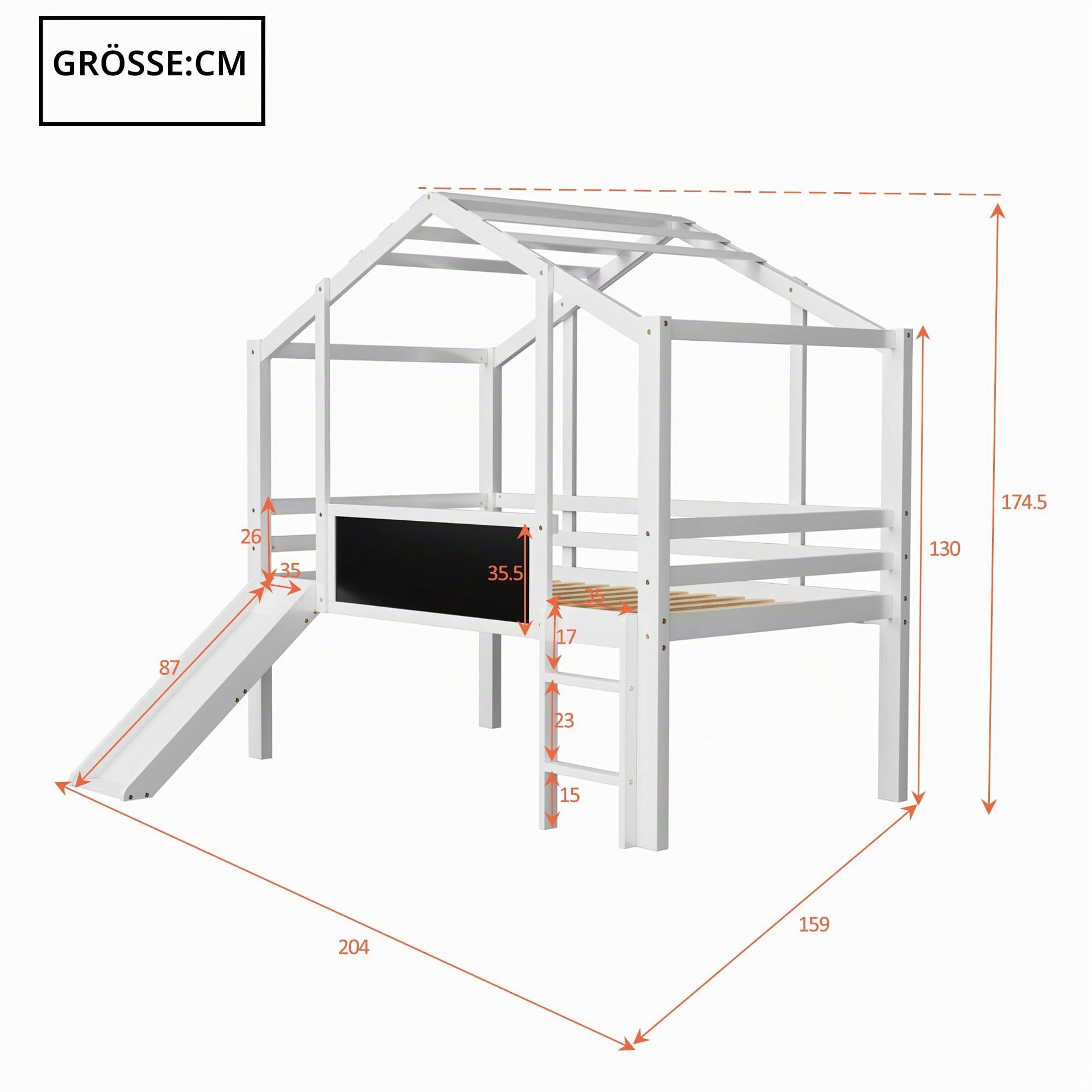 Merax Kinderbett 90×200 cm, Hochbett aus Massivholz, im Haus-Design mit Rutsche, Graffiti-Tafel, Multifunktionsbett, Einzelbett, platzsparendes Spielbett für Kinderzimmer, Weiß (ohne Matratze)