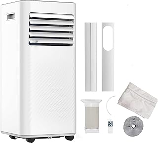 AuraHome Portable Air Conditioner 9000 BTU 4-in-1 Air Conditioner, Dehumidifier, Cooling Fan with 2 Fan Speeds, Digital Display & Remote Control, 24 Hour Timer for Rooms >215ft Window Vent Hose Kit