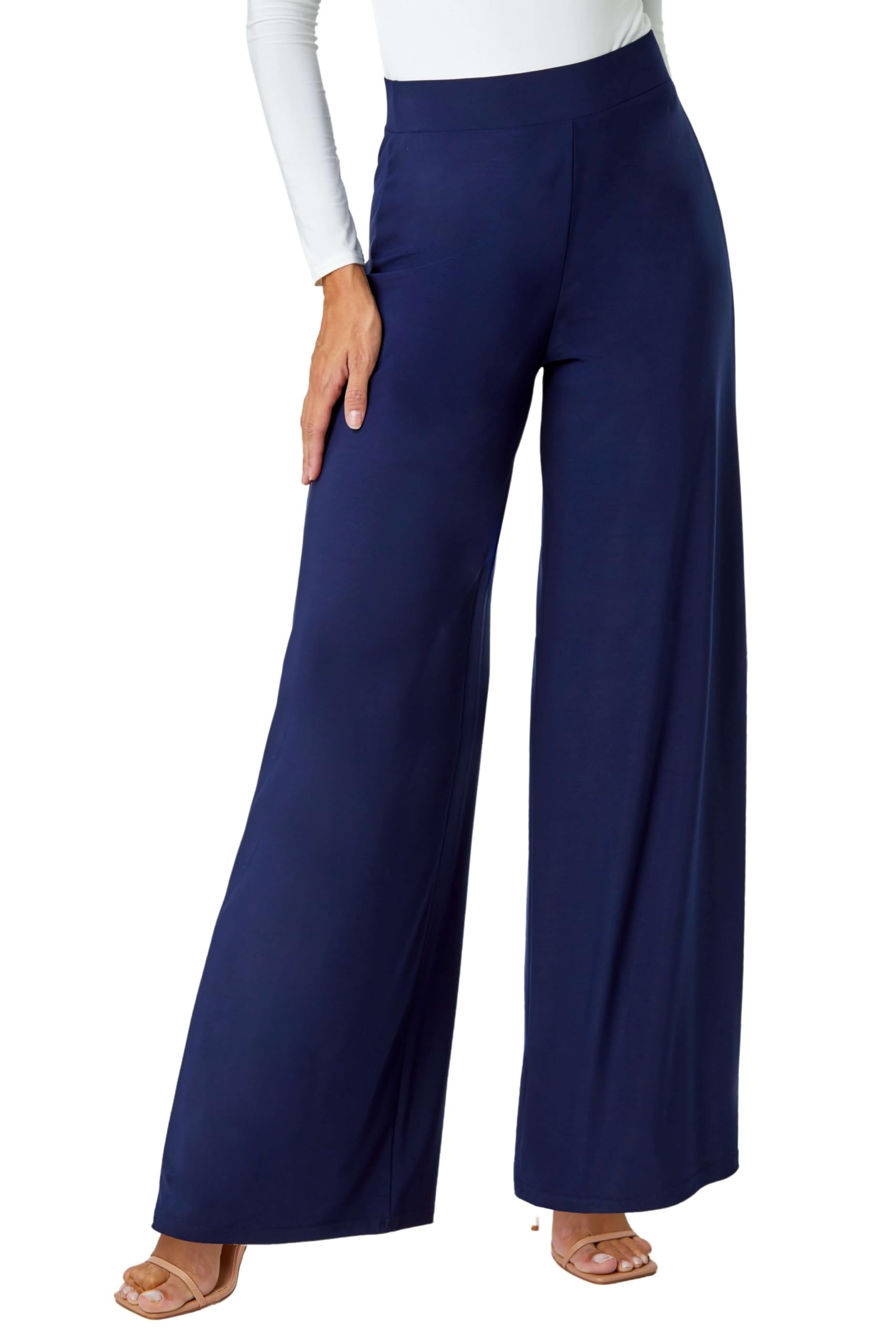 Roman Originals Women's Navy Wide Leg Trousers For Uk Palazzo Pants Evening Jersey Elasticated High Waist Smart Flared Culotte Office Work Going Out Loose Crepe Bottoms - Size 16