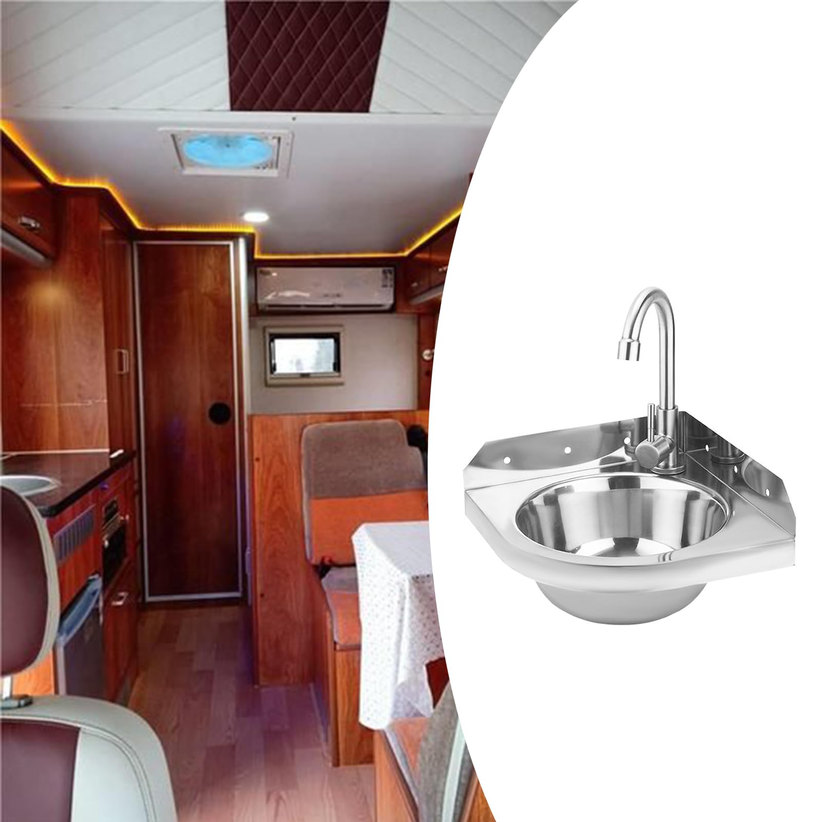 Eckspüle Wandmontage Edelstahl mit Wasserhahn Handwaschbecken für Wohnmobil, Boot, Bad, Küche, WC - Platzsparendes Design