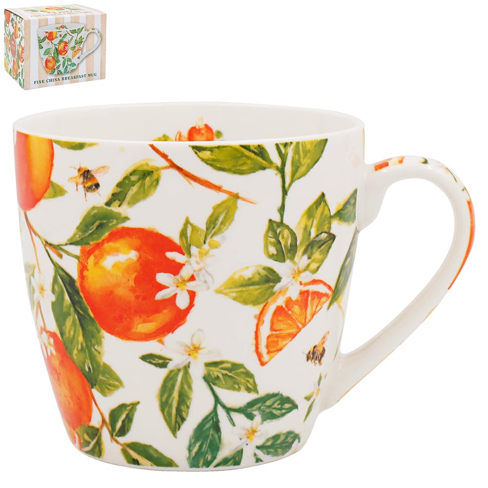 The Leonardo Collection Oranges & Lemons Jennifer Rose Fine China Oranges & Lemons Breakfast Mug 480ml for Hot & Cold Drinks | Durable Coffee Cups for Home & Office | Easy-to-Hold Mugs for Daily Use