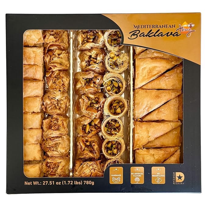 Mediterranean Baklava Assortment with Honey – 27.51 oz (1.72 lbs) – Handmade Layers of Phyllo Dough with Pistachio & Cashew – No Preservatives – Kosher Dairy – Halal Certified