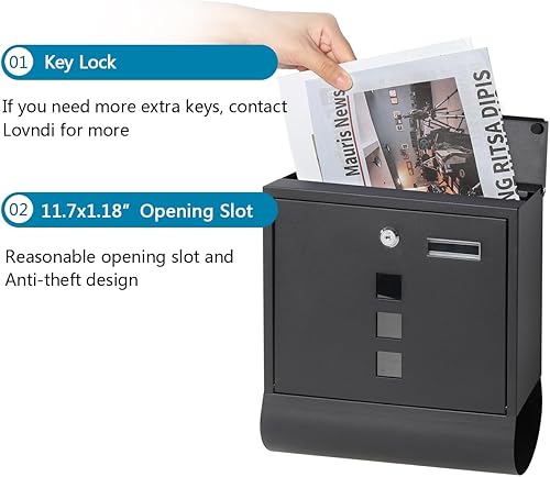 Miniatura 5 de Buzones montados en la pared con cerradura de llave, caja de bloqueo de correo de gran capacidad para exteriores, caja de seguridad (acero