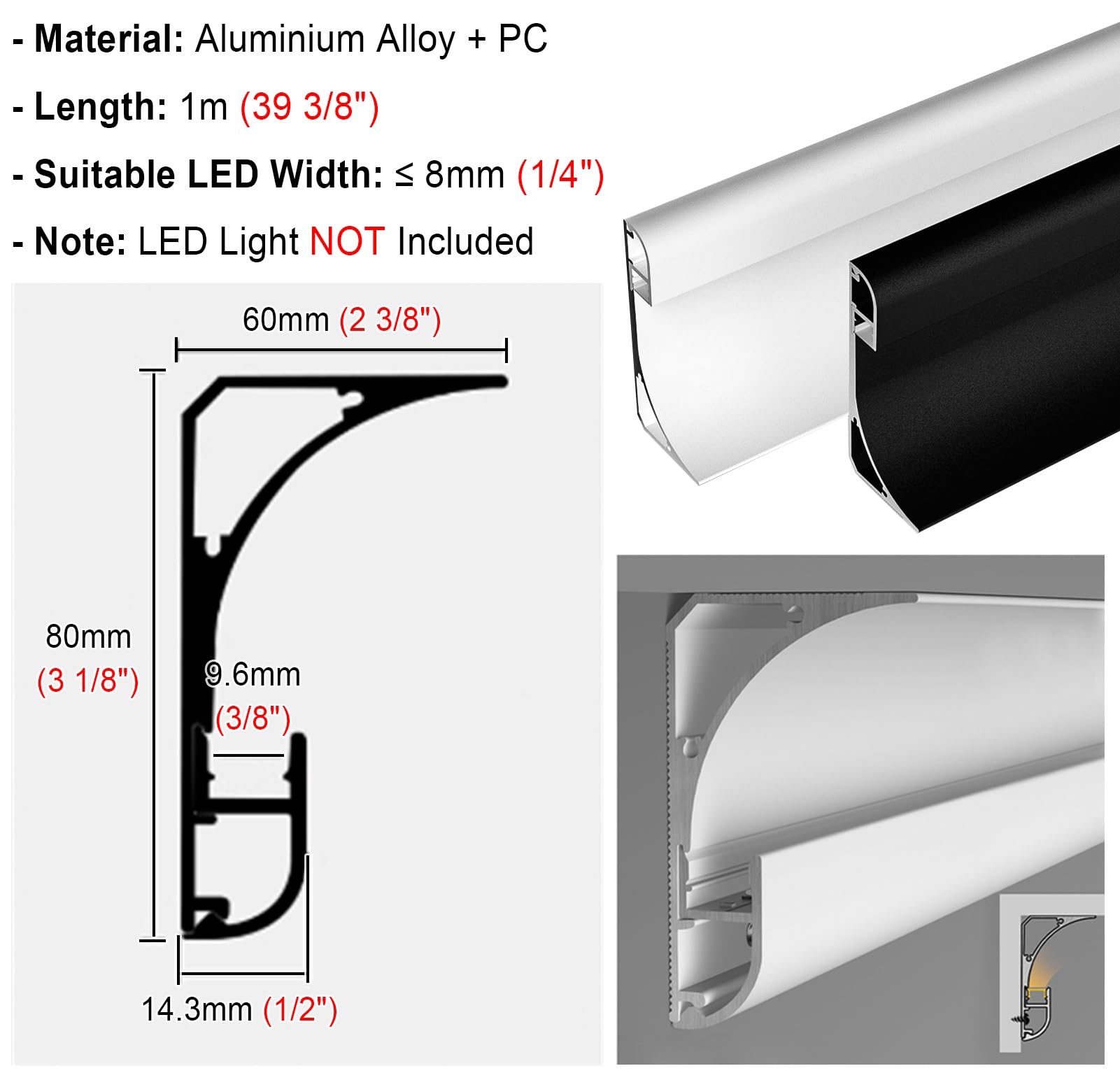 Duży dyfuzor do listwy koronowej LED, uniwersalny aluminiowy kanał 5 m, do oświetlenia pośredniego, listwy przypodłogowej i dekoracji narożników ściennych, białe wykończenie