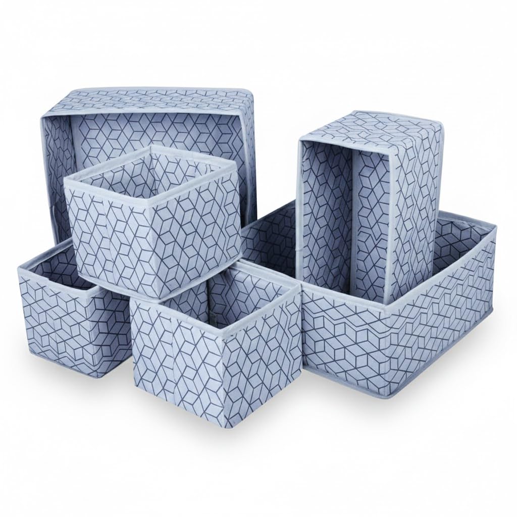 PulGos Grey 6 Pcs Foldable Wardrobe Storage Organizer – Space Saving Fabric Storage Boxes for Almirah & Cupboard, Closet Use | Storage Box for Clothes, Socks, Bra, Tie, Scarves & Toys