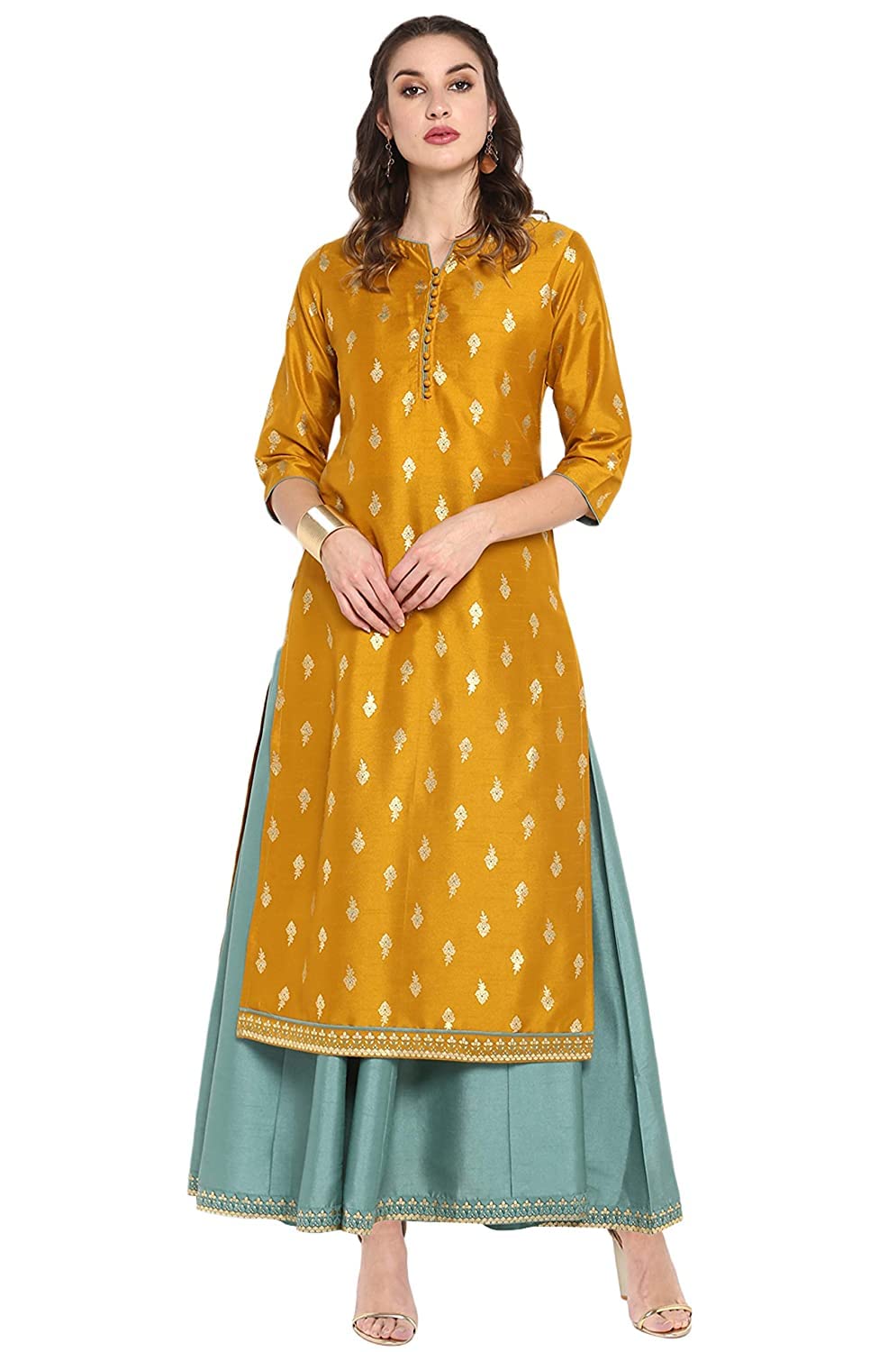 Indian Women's Silk Blend Mustard Foil Print Festive Wear Ethnic Dress for Women