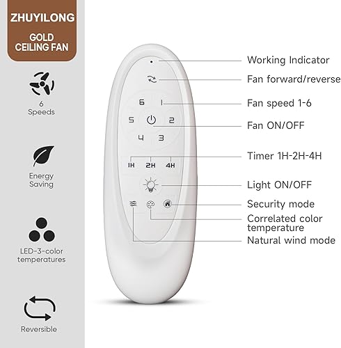 Miniatura 5 de Ventilador de techo dorado de 52 pulgadas con luces y control remoto, ventilador de techo para exteriores con luz, luz LED regulable, ventilador de