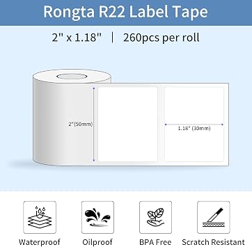 Rongta Label Tape for R22, Standard Laminated Thermal Label Tape Replacement, Waterproof, Oil-Proof Sticker for Home Office Small Business Labeling (White, 2''1.18'' (260 Labels/Roll))