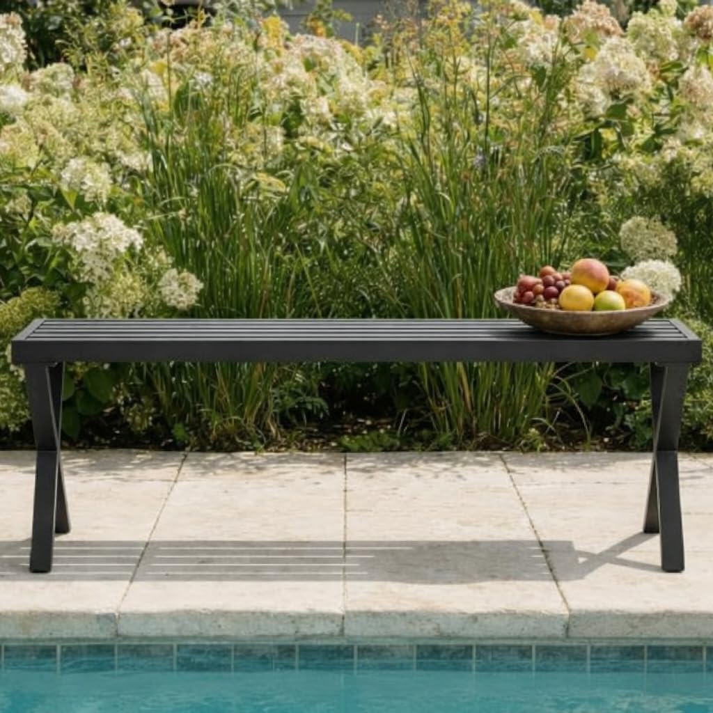 Outdoor Metal Backless Bench Weatherproof Patio Bench with Slatted Seat, X-Shaped Legs, All-Weather Garden Bench for Porch, Patio, Lawn and Backyard, Black