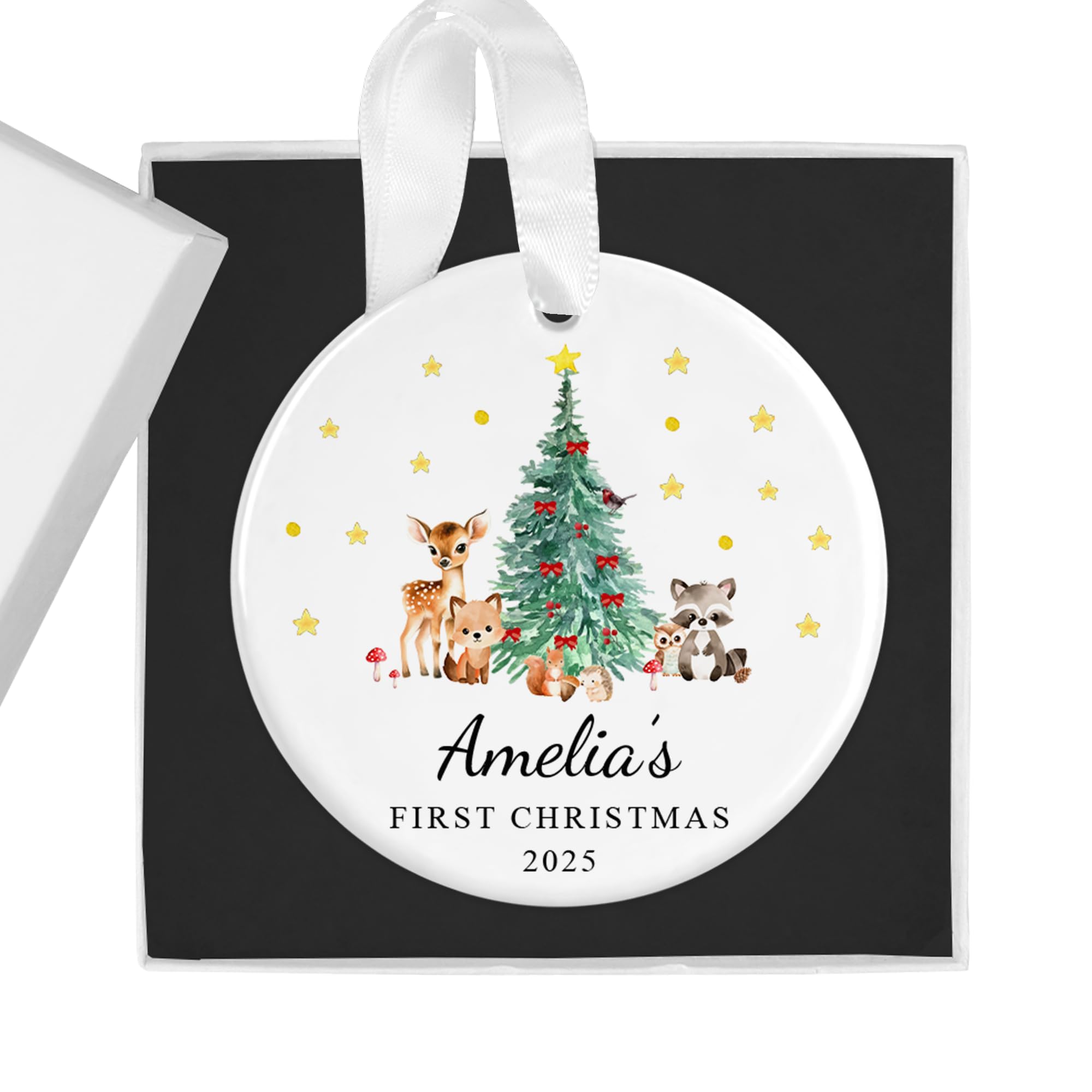 Personalised Baby's First Christmas Ornament - Custom Ceramic Keepsake Bauble - Gift Box Included - Ideal for Boys & Girls (Woodland Animals)