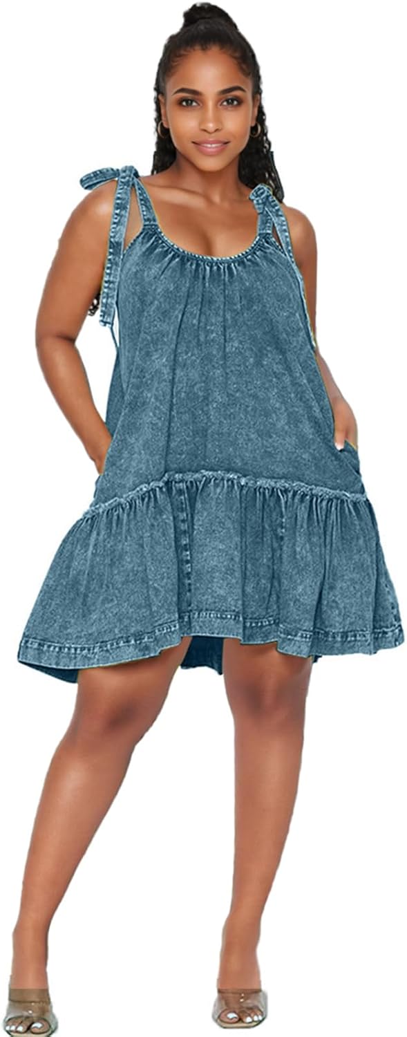 Women Denim Cami Dress Tie Shoulder Ruffle Hem Short Dresses Babydoll Wash Jean Sundress with Pocket