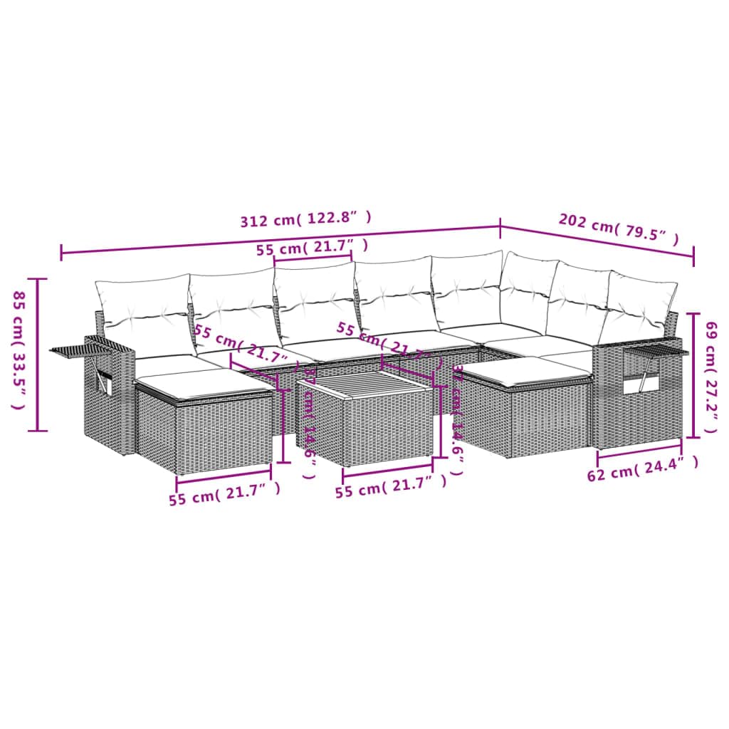 Juego de muebles de jardín de ratán PE de 10 piezas, sofá de jardín modular gris con cojines y espacio de almacenamiento, mesa de madera de acacia, conjunto de asientos para terraza