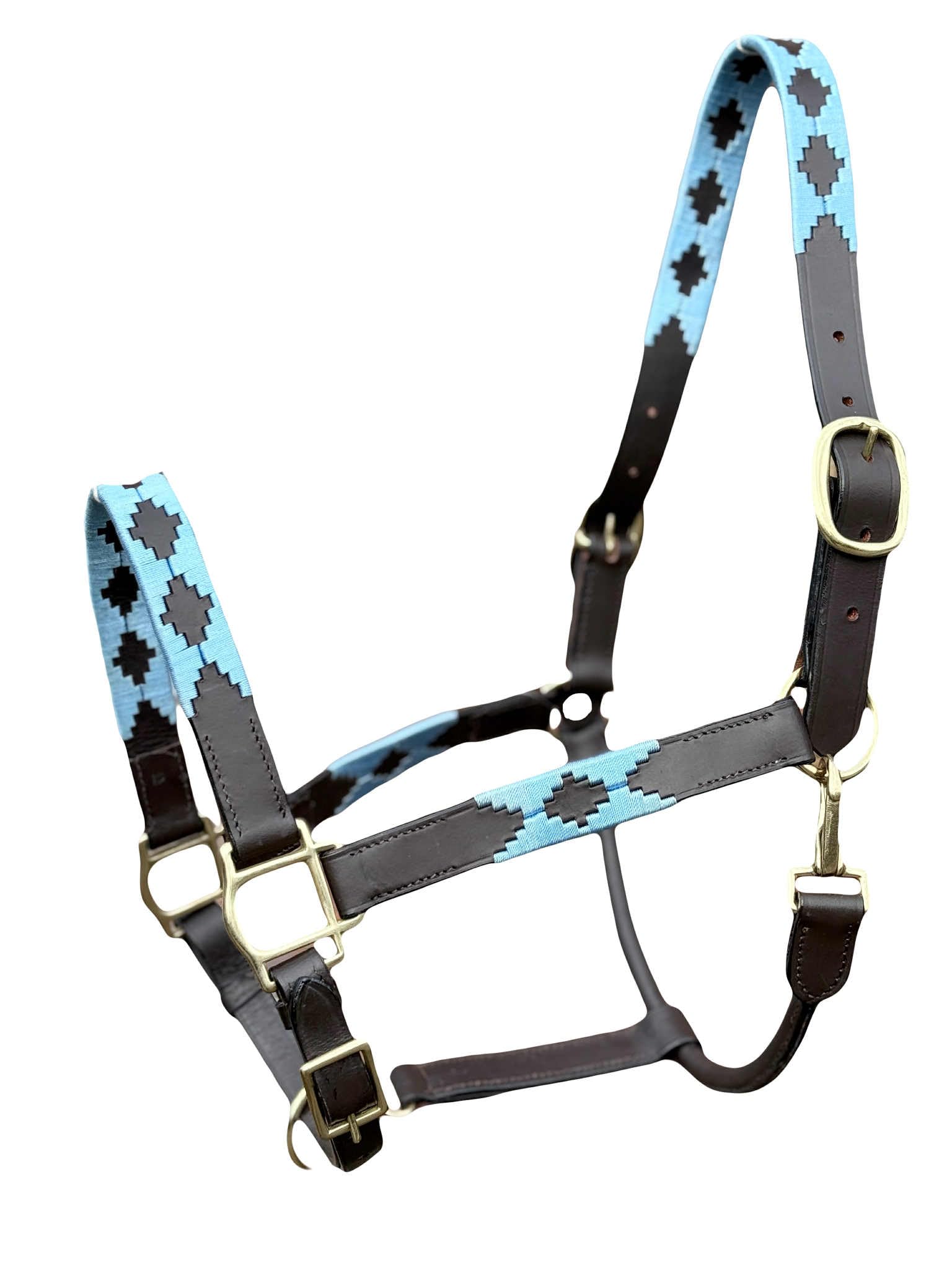 Argentina Polo Leather Horse Headcollar Halter, Embroidered Design, Brass Fittings, Sky Blue (Brown/Gold, Pony)