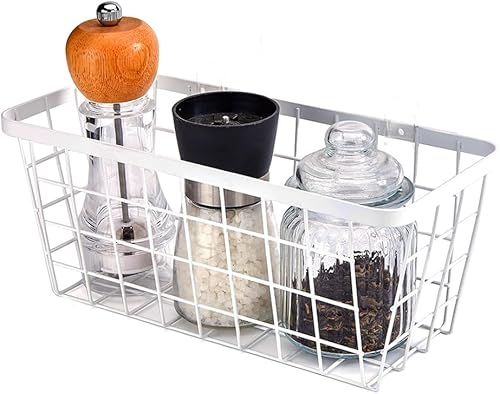 Miniatura 2 de LeleCAT Cestas de cocina colgantes blancas para almacenamiento, adhesivas, resistentes y pequeñas cestas de almacenamiento de alambre con cocina,