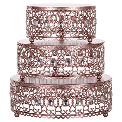 Amalfi Decor Cake Stand Plateau Riser, Round Metal Pedestal Holder with Crystal Gems, Rose Gold, Set of 3
