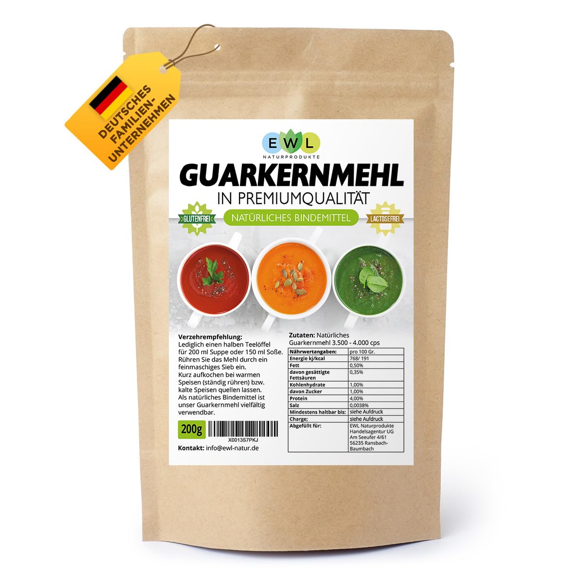 EWL Naturprodukte Guarkernmehl Verdickungsmittel Bindemittel E 412 3.500 cps Carb Guar Gum | in Deutschland kontrolliert und abgefüllt | 200g
