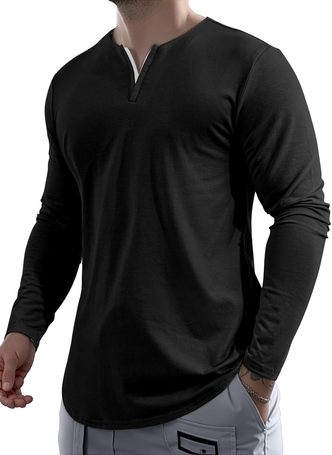 JMIERR Mens Casual Muscle T Shirt Long Sleeve V-Neck Longline Soft Tee Shirt