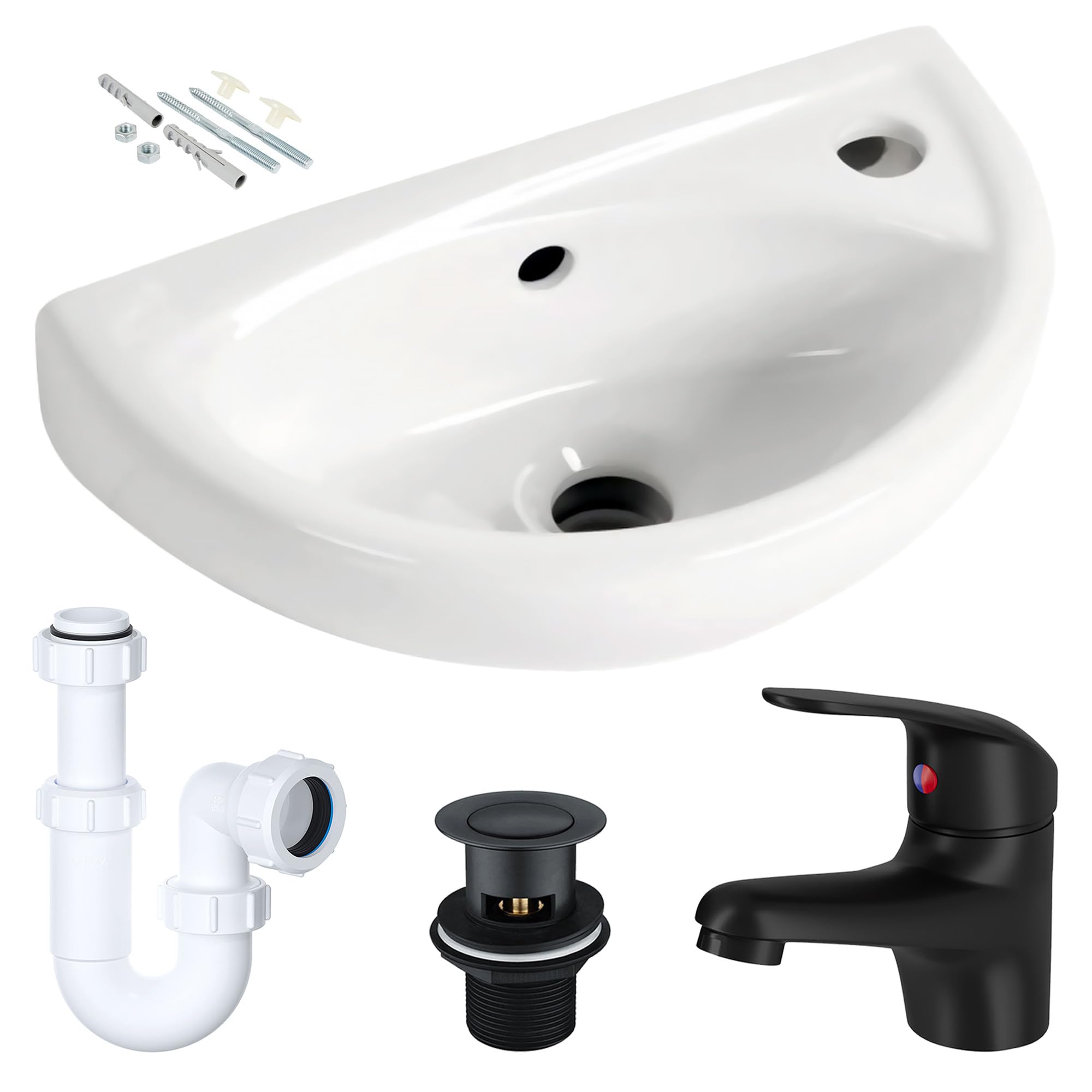 Small Compact Wall Hung Bathroom Basin Sink with Matt Black Tap, Waste & P-Trap