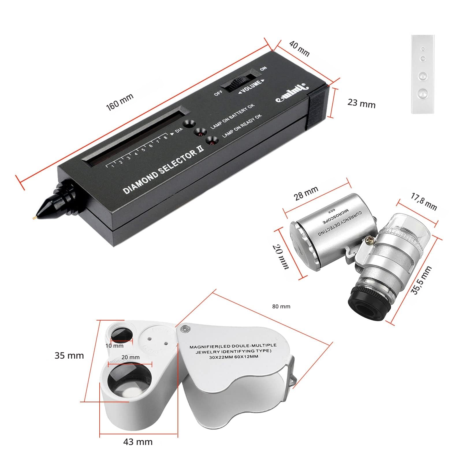JOJOCY Stylo Testeur de Diamant Professionnel, Stylo de Test Électronique de Haute Précision avec 2 Loupes 30x 60x Mini Loupe LED Pliable
