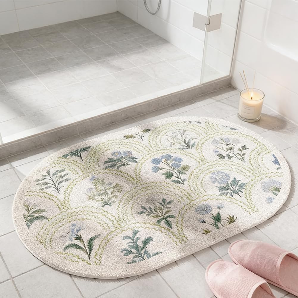 Spring Floral Bathroom Rug 32" x 20" Wild Flowers Bathroom Mat Boho Floral Bath Rug (Oval, Green)
