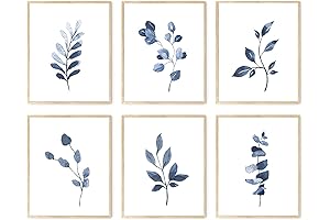 6-piece Boho Blue and White Abstract Plant Wall Art
