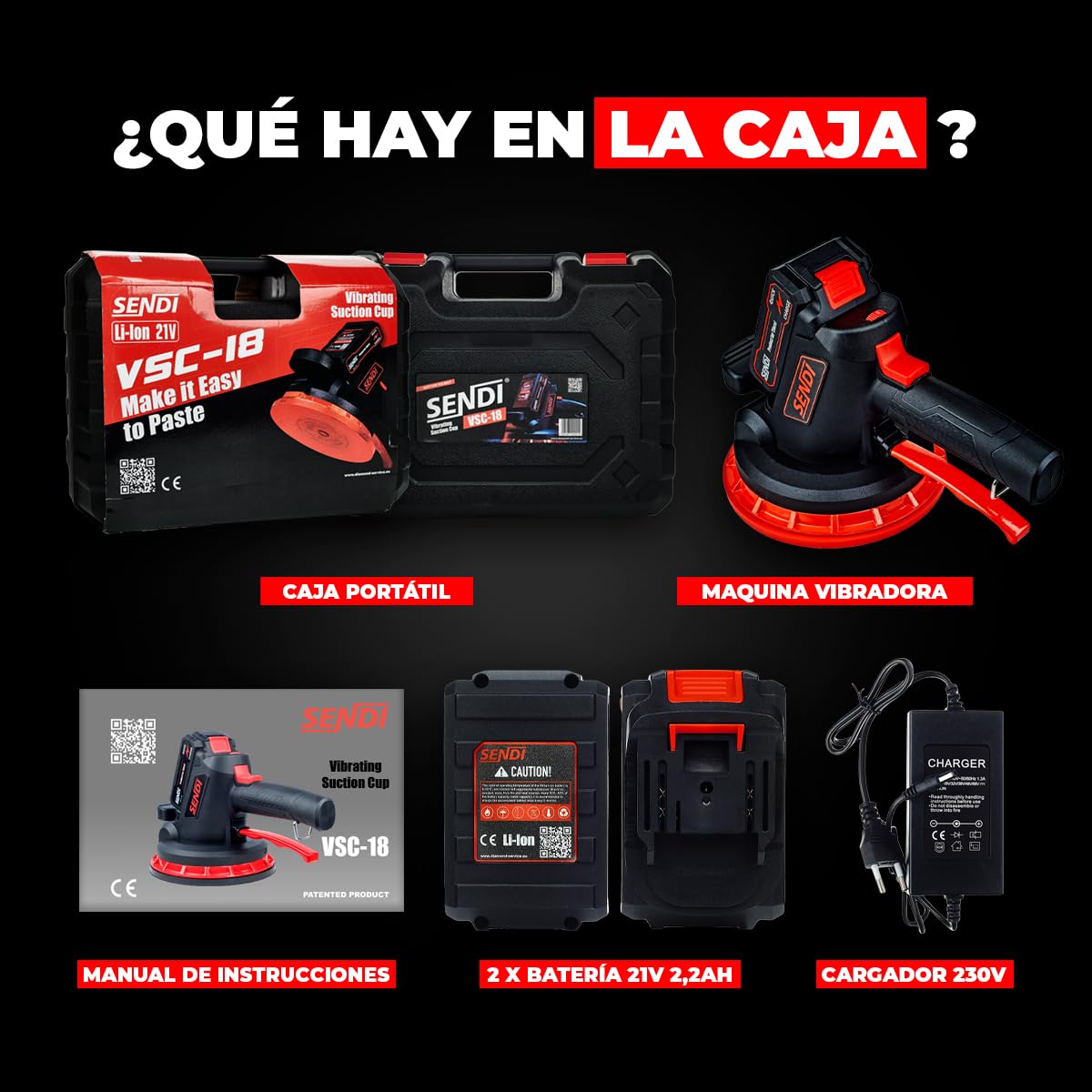 Ventosa Vibratoria SENDI VSC-18 - Maquina Vibradora - Diseñada para la Vibracion de Azulejos,Baldosas,Gres de Diferentes Tamaños - 6 Niveles de Vibracion y 180mm de Diametro - Incluye dos Baterias.