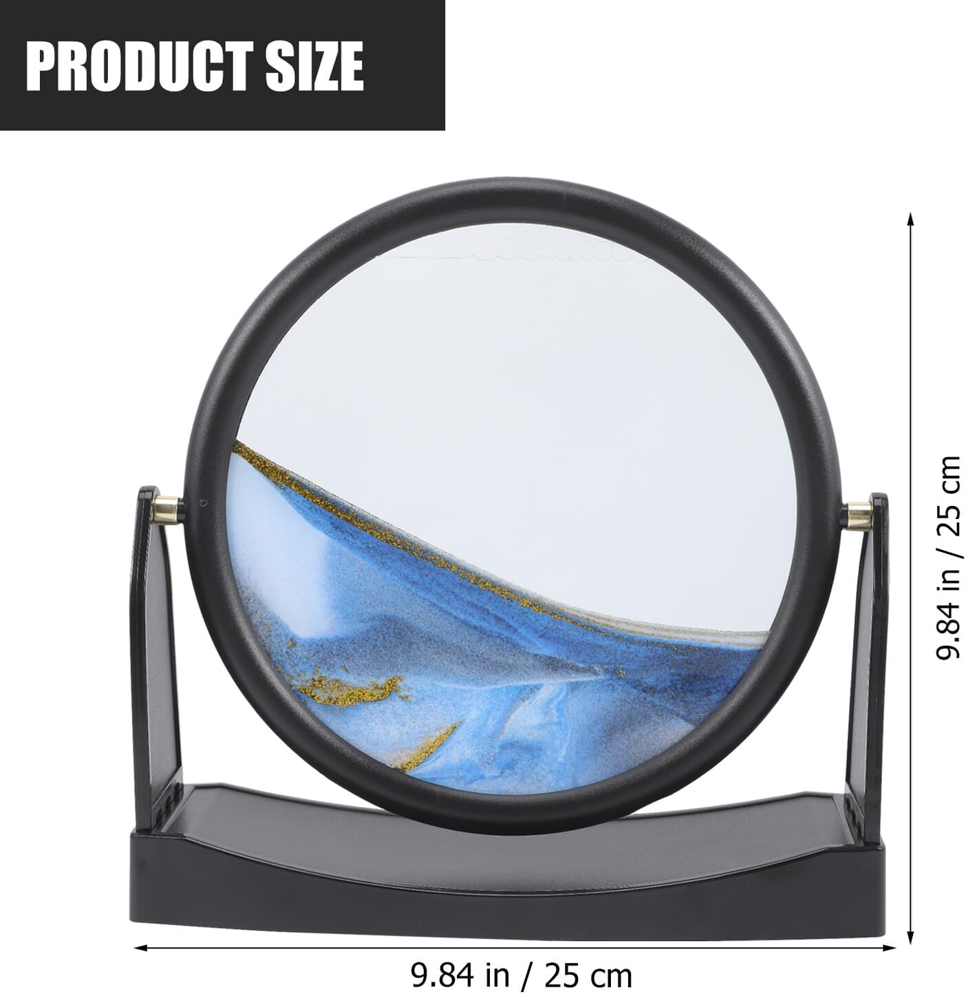 HOMSFOU Moving Sand Painting Desktop Decor with Rotating Base, 250x60x250mm Blue Frame Quicksand Art Ornament for Home and Office Relaxation and Decoration