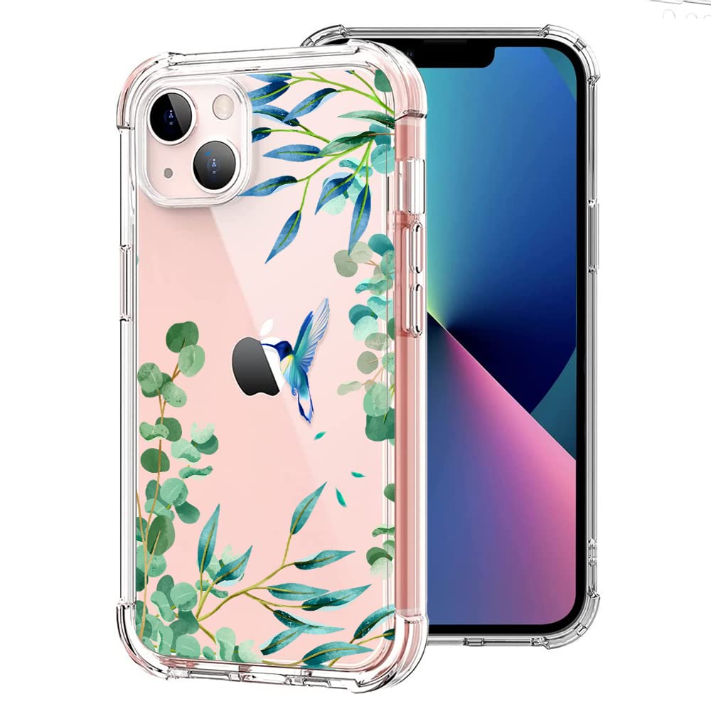 SiKii Compatible with iPhone 13 Case with Flower Tree Leaves Print for Girly Women, Shockproof Protective Clear Floral Pattern Phone Cover for iPhone 13 6.1 inch 2021 Released (Green Floral)