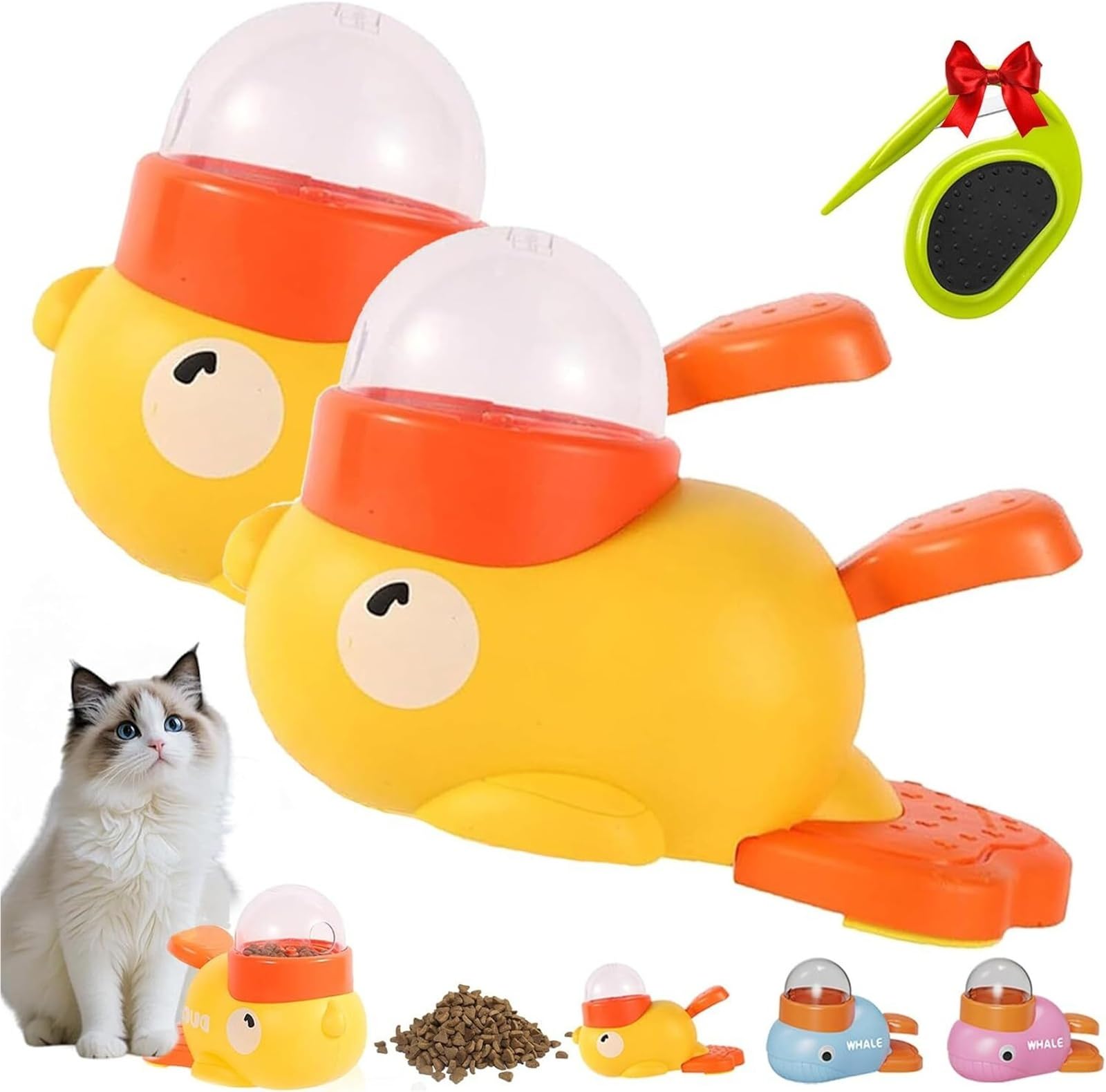 Dispensador de golosinas for Gatos, máquina tragamonedas interactiva con Forma de Pato y Perro, con Tres Salidas de Comida Ajustables, Juguete de Rompecabezas de alimentación Lenta.(2Yellow)