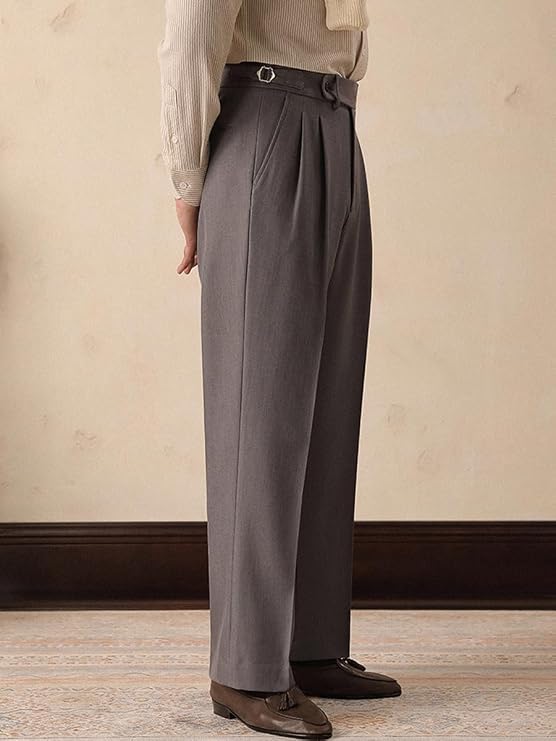 Men's Tapered Leg Dress Pants Straight Gurkha Pants Classic Slim Fit Suit Pants Elastic Waist Pleat-Front Pant