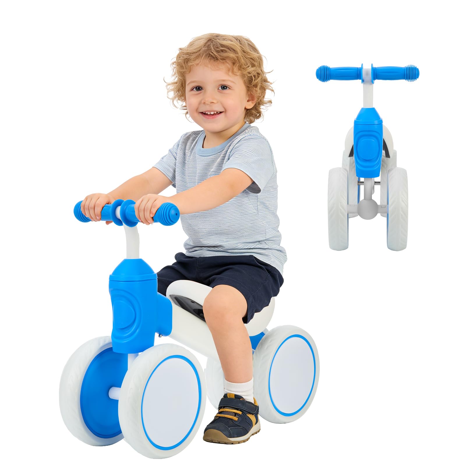 LN COZY CORNE Baby Balance Bike for 1-2 Year Old Boys Girls Toddlers, Lightweight Baby Balance Bike with 135° Steering Limiter, Adjustable Seat 4 Wheels Infant Bik (Blue)