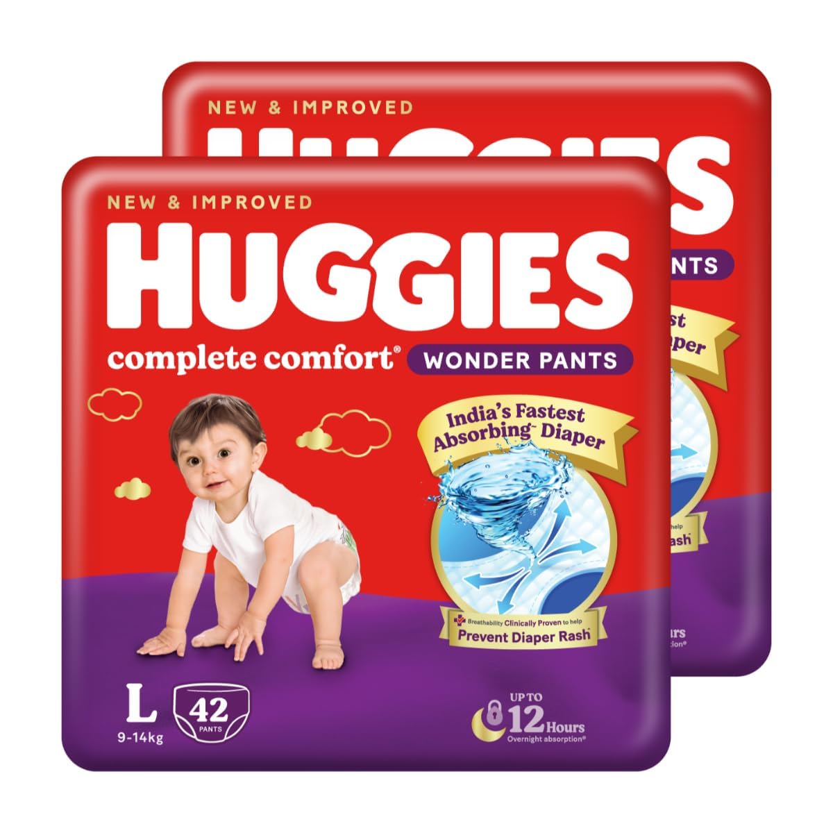 Huggies Wonder Pants, Large (L) Size Baby Diaper Pants, 9 - 14 kg, Combo Pack of 2, 42 count Per Pack, 84 count, with Bubble Bed Technology for comfor