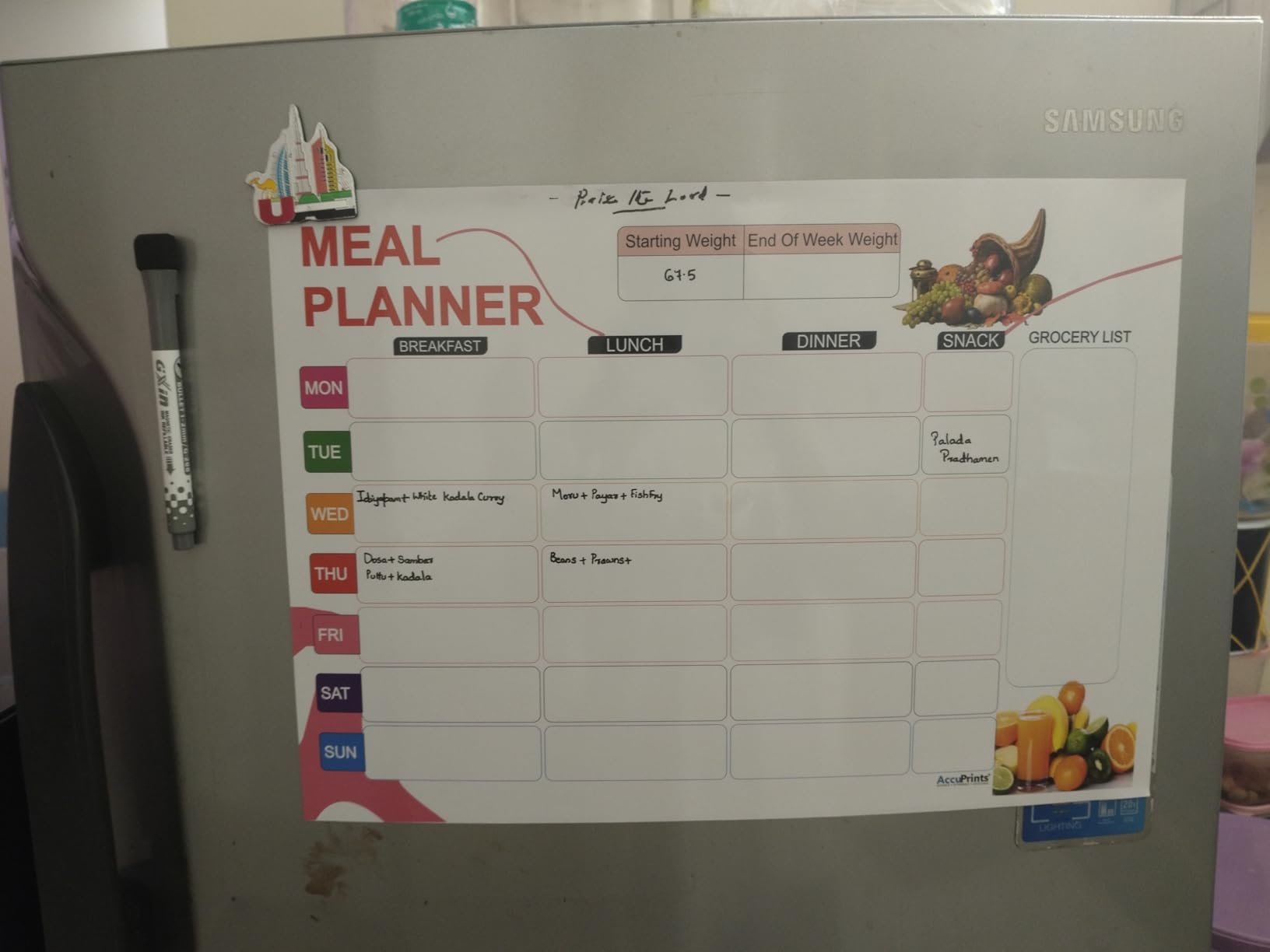 AccuPrints Magnetic Weekly Meal Planner Dry Erase Board with Magnetic ...