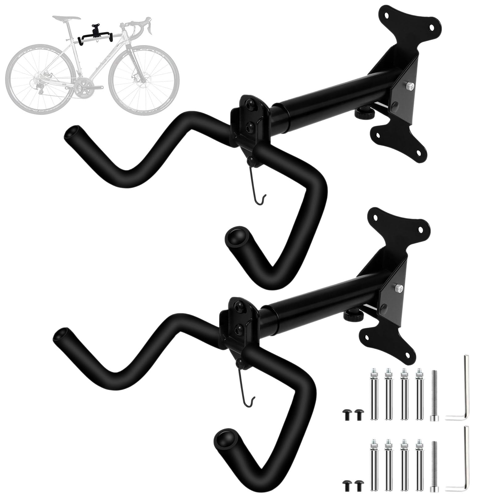 Soporte Pared Bicicleta Juego de 2, Soporte Bicicletas Pared de Acero Hasta 22 kg, Colgador Bicicleta Pared Acolchado Extra Suave, Ángulo y Distancia Ajustables, para Bicicleta de Carreras, MTB