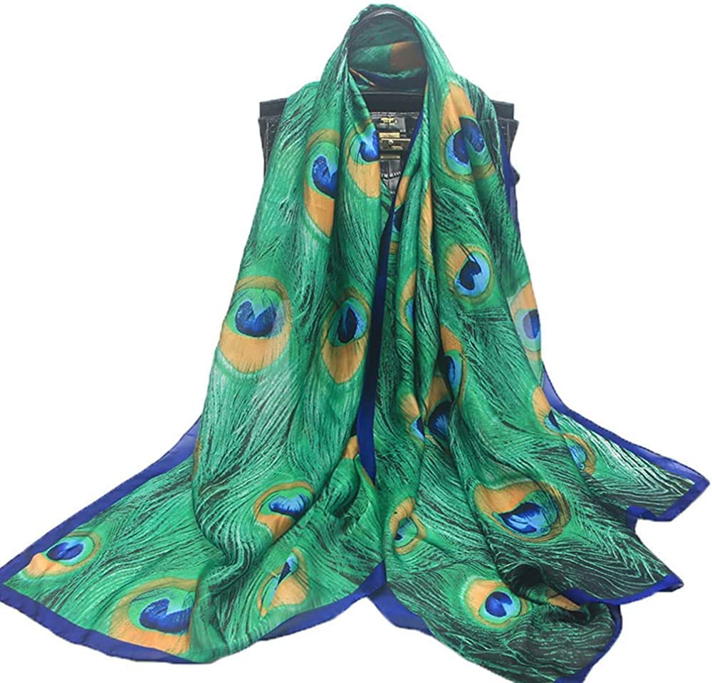Xsysmile Fashion Women Silk Scarf Long Large Peacock Feather Print Wrap Shawl Scarves Headscarf, Green