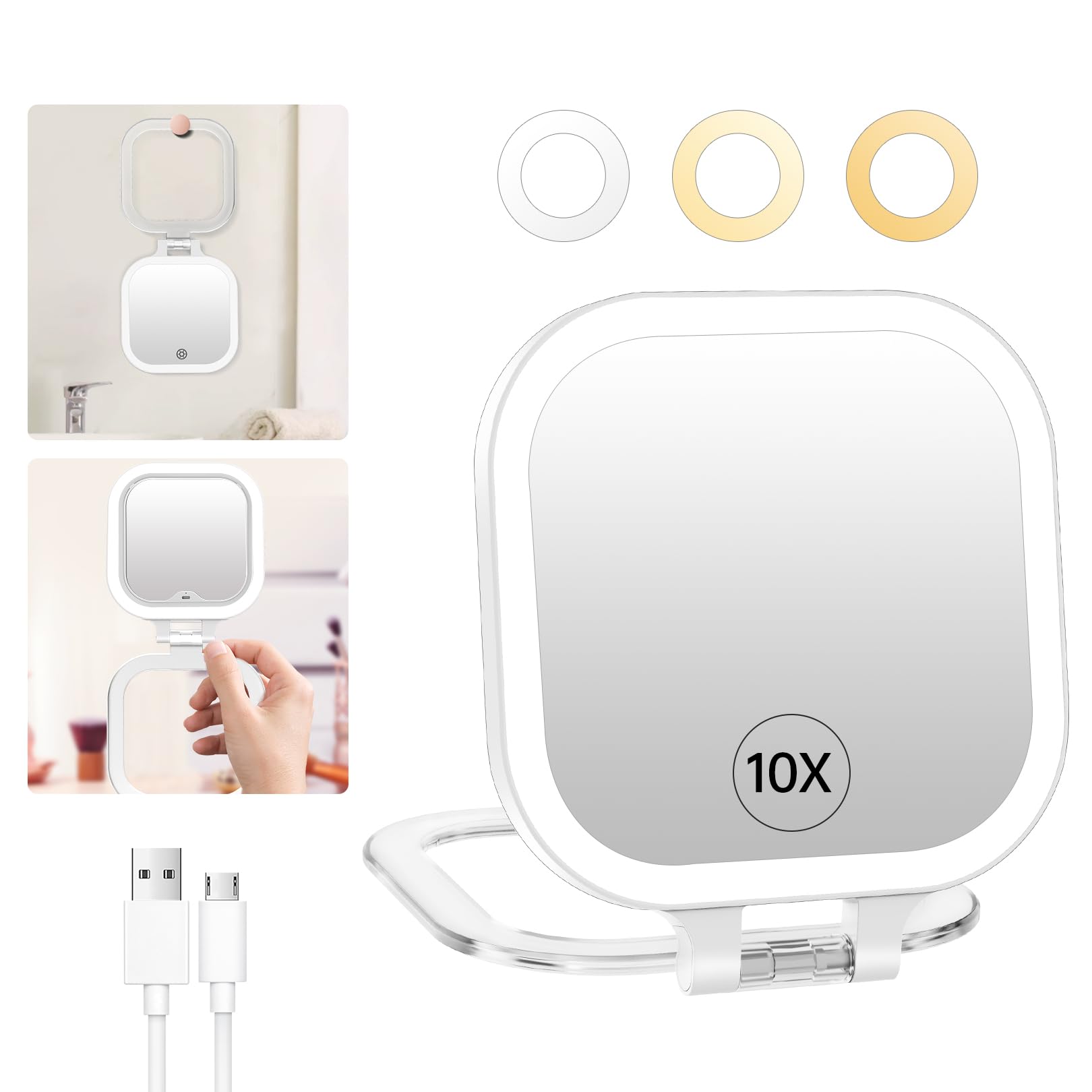 FASCINATE 10X Magnification Compact Travel Makeup Mirror with Lights and Magnification, 3.5 inch Portable 1X/10X Magnifying Mirror with 3 Color Light, Folding, Handheld (White)