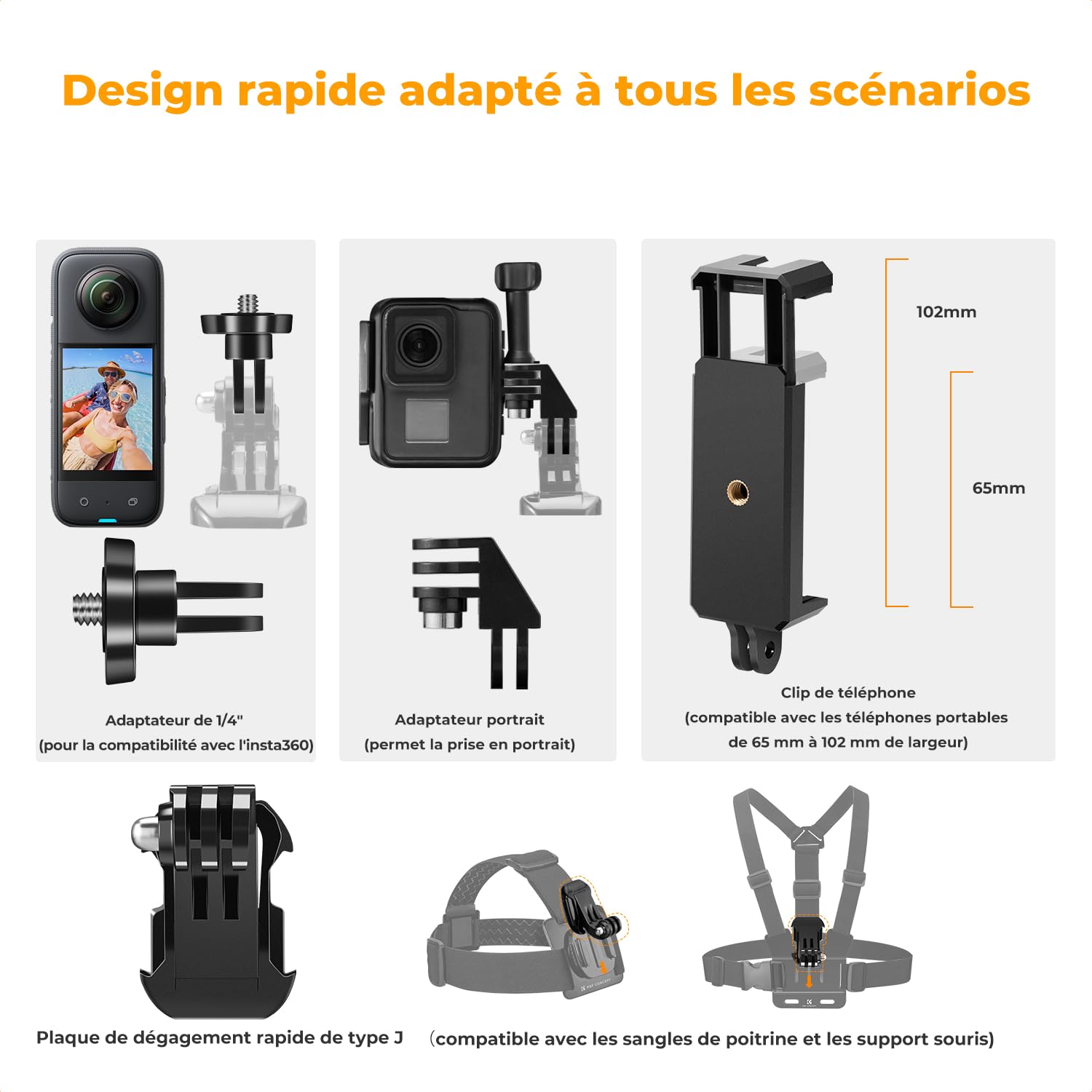 K&F CONCEPT Sangle Harnais de Poitrine et Bandeau et Dragonne et Clip de Sac et 5 Vis en T et Clip de Téléphone et 4 Dégagement Rapide et Adaptateur de 1/4" Compatible avec GoPro/DJI Aciton/Téléphone