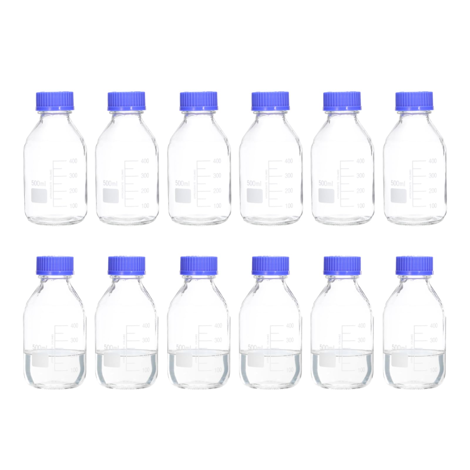 PATIKIL 12 Pack Botellas De Almacenamiento De Medios Reactivos, 500ml Botellas Redondas Graduadas De Vidrio Borosilicato Con Tapa Azul GL32 Para Líquidos Reactivos De Laboratorio.