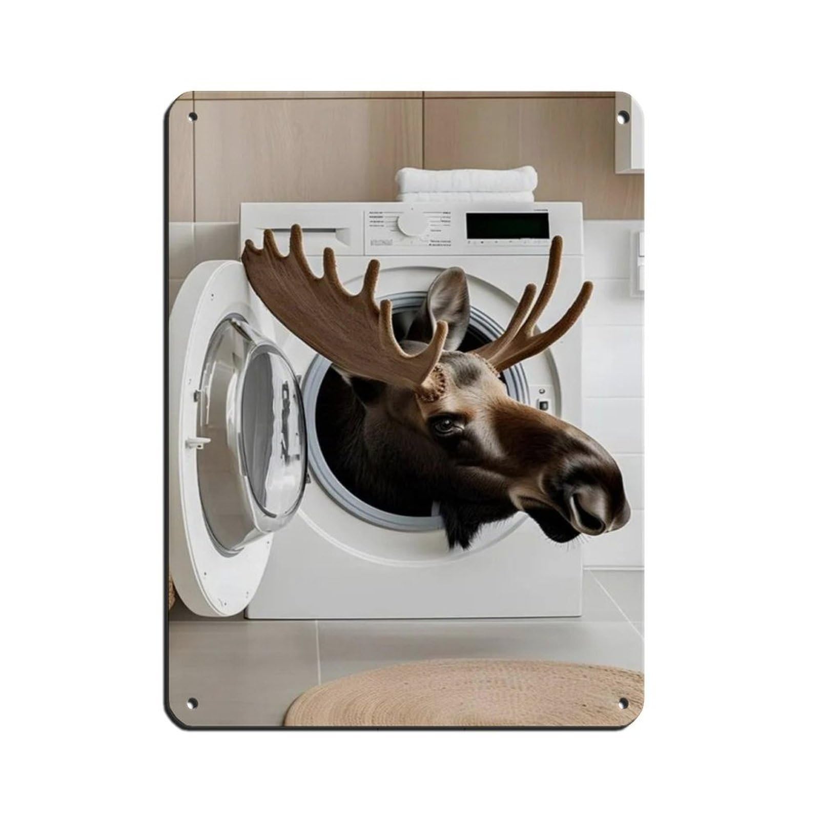 Moose in A Washing Machine, Funny Bathroom Art Retro Poster Metal Tin Sign Chic Art Retro Iron Painting Bar People Cave Cafe Family Garage Poster Wall Decoration 12x16inch(30x40cm)