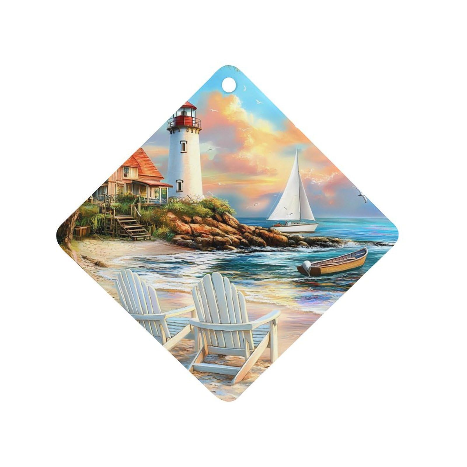 Coastal Lighthouse Seaside Scenery Car Air Freshener Hanging Aromatherapy Tablets for Car Accessories Rhombus