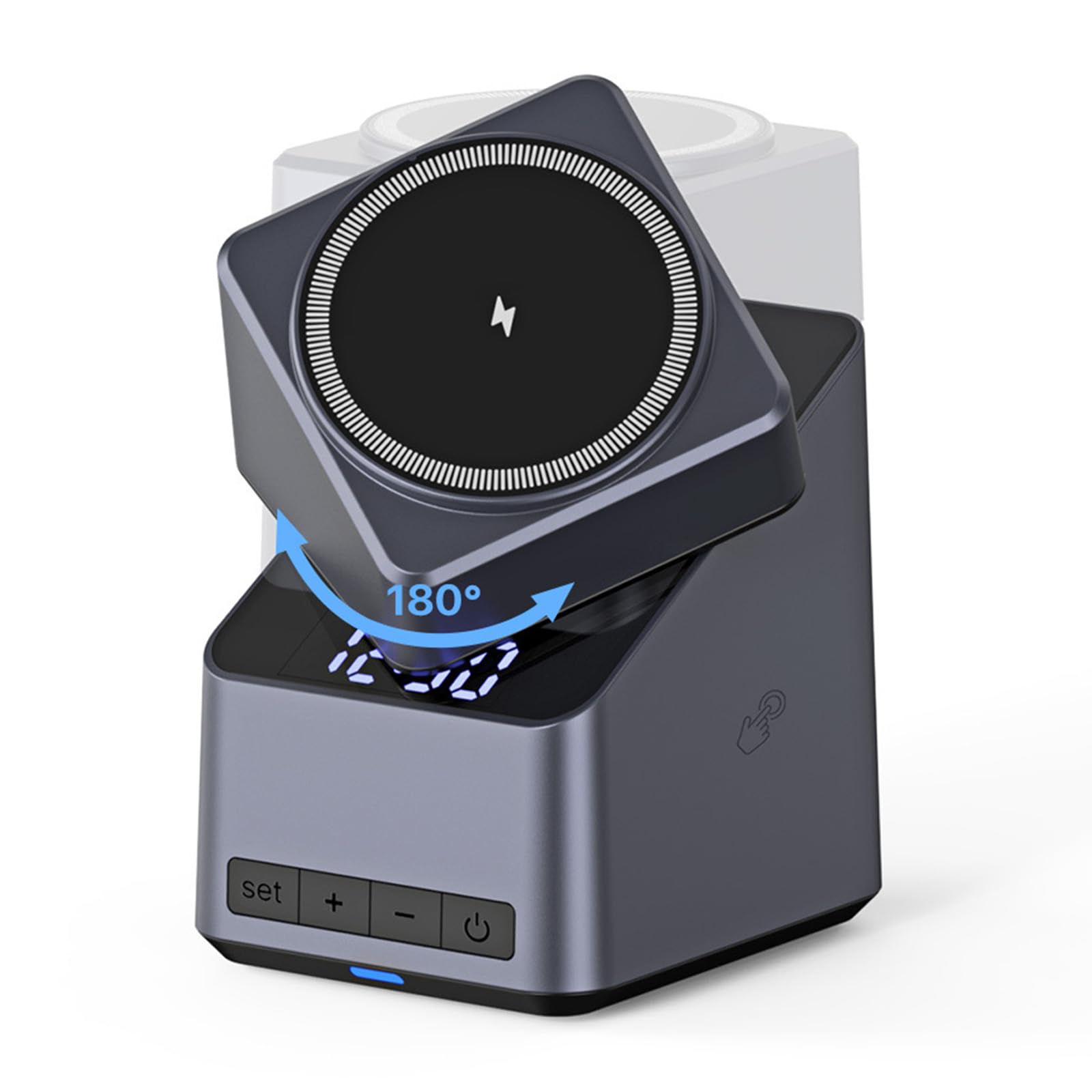 Hub de charge rotatif tactile 15 W pour téléphone portable, écouteurs, montre intégrée, horloge numérique LED intégrée, station de charge multifonction