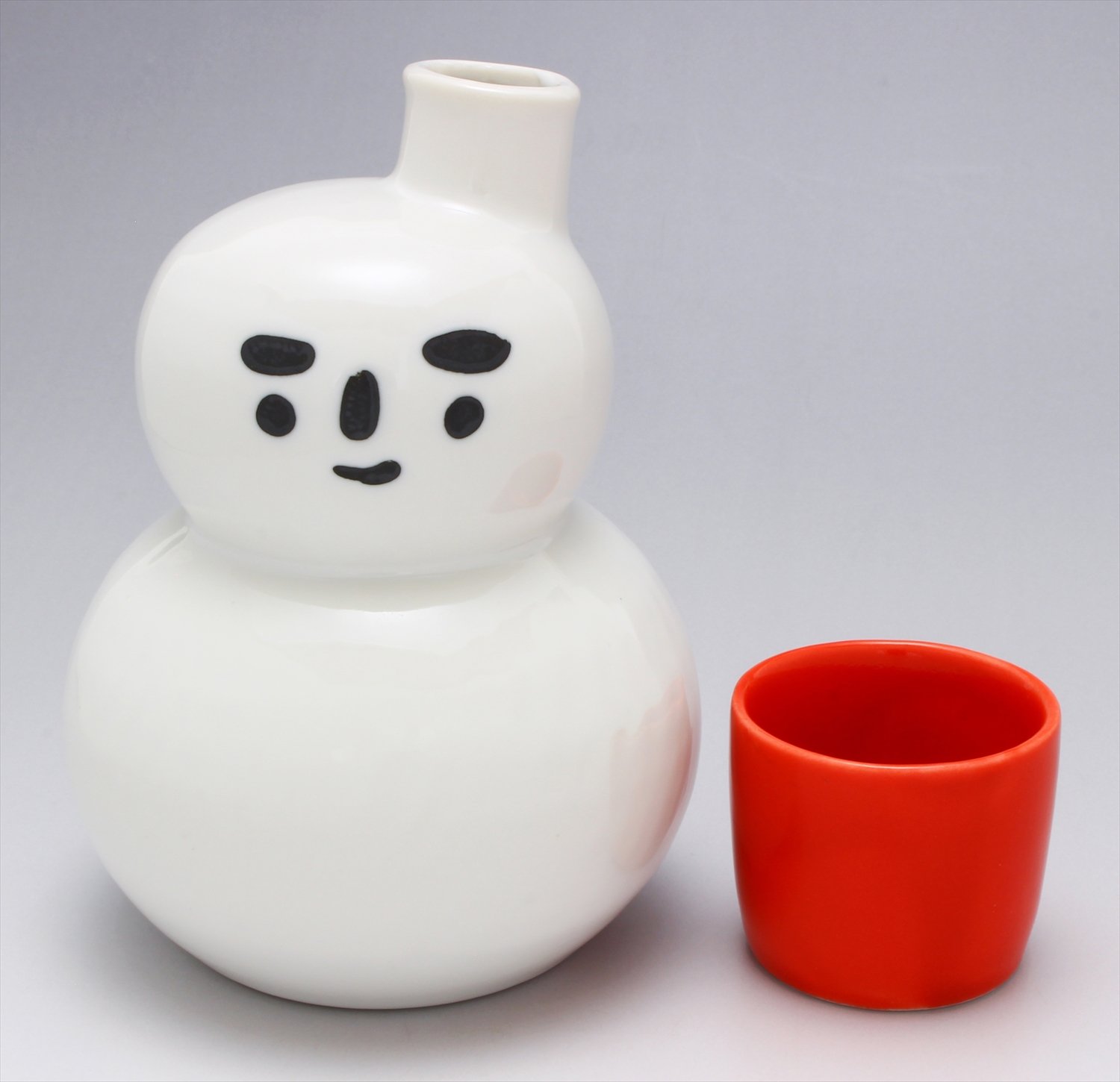 Mino Ware Snowman Sake Set with Red Bucket Glass