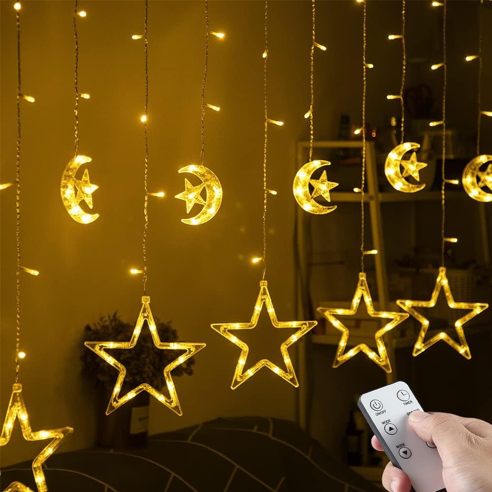 Quntis 138 LED Star Moon Curtain Lights Christmas Decorations LED Window Curtain Lights with Remote and Hanging Hook, Waterproof Fairy Lights with 8 Flashing Modes for Bedroom - Warm White