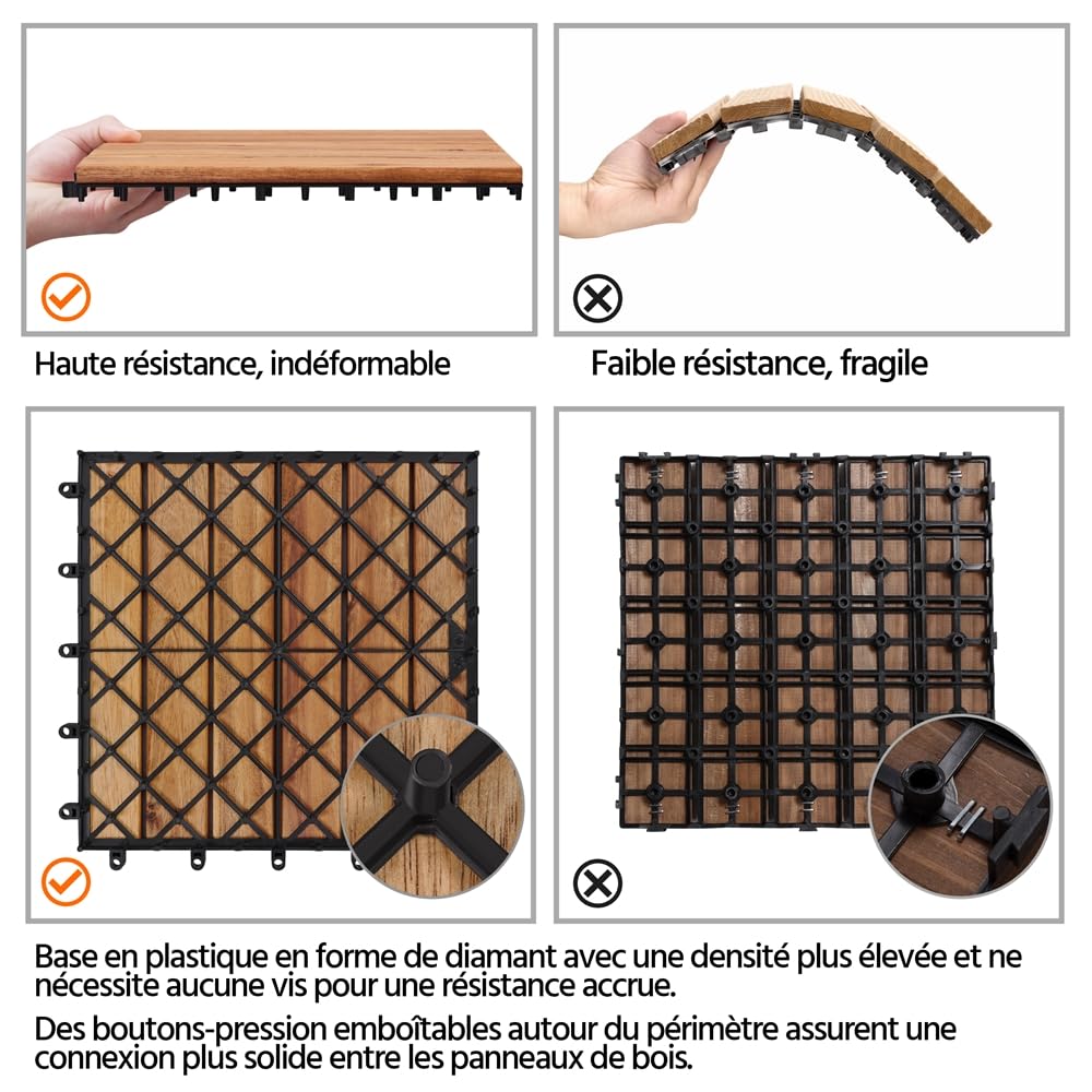 Yaheetech Caillebotis Bois Exterieur 27 PCS, Dalles de Terrasse en Bois d'acacia 30 x 30 cm, Revêtement de Sol Extérieur Intérieur pour Terrasse et Balcon